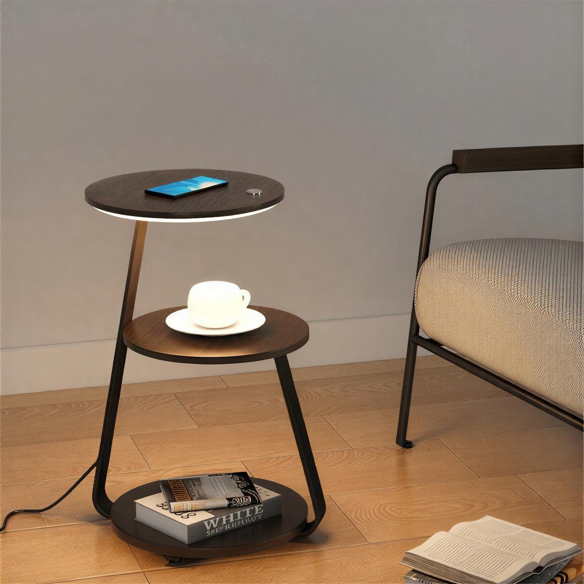 Bedside Nightstand Table With Integrated Lamp And Double Tiered Storage