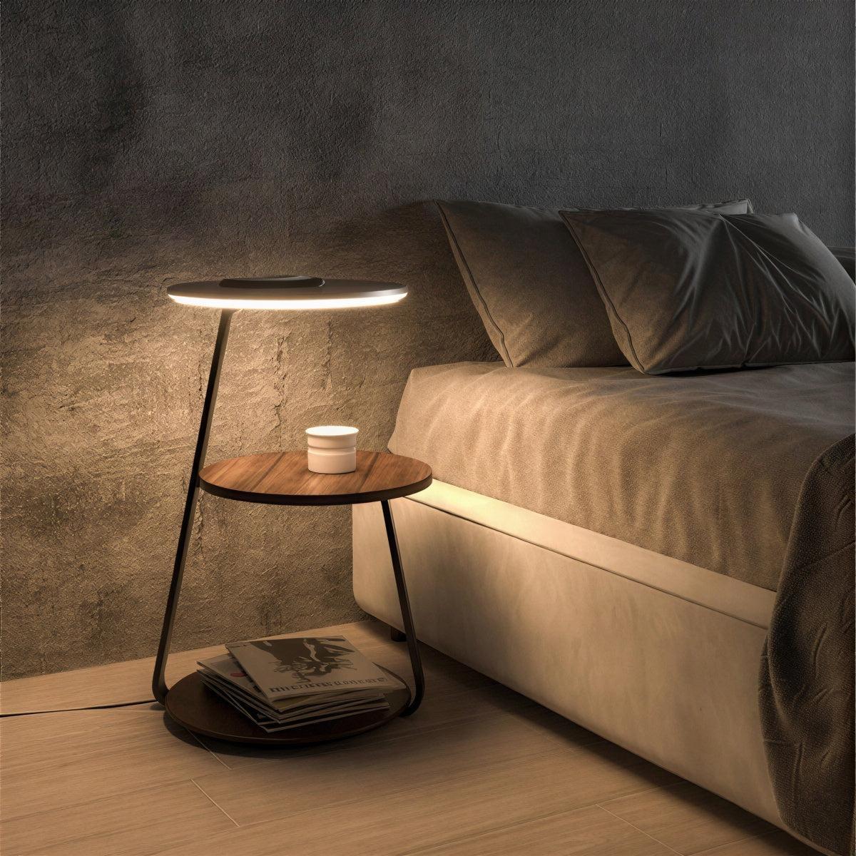 Bedside Nightstand Table With Integrated Lamp And Tiered Storage