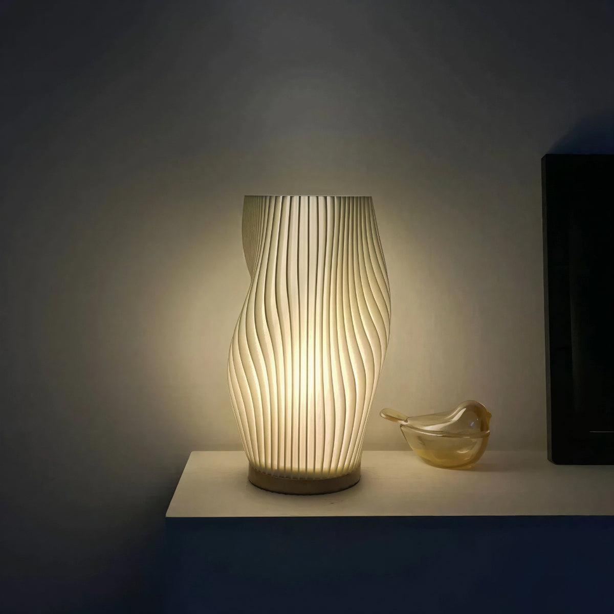 Bedside Table Lamp With Curved Wave Textured Shade For Nightstand