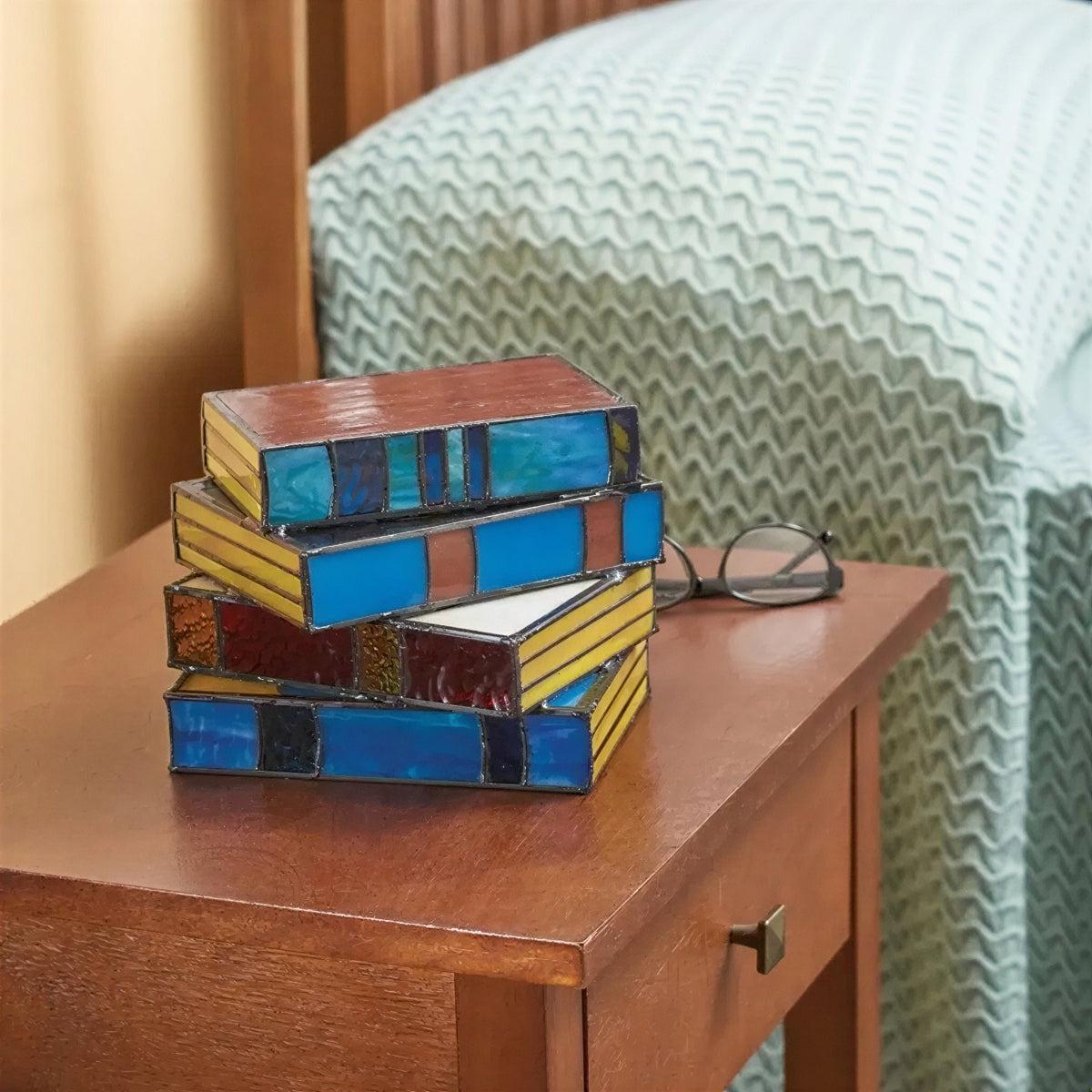 Bedside Table Lamp With Vintage Stained Stacked Books Design