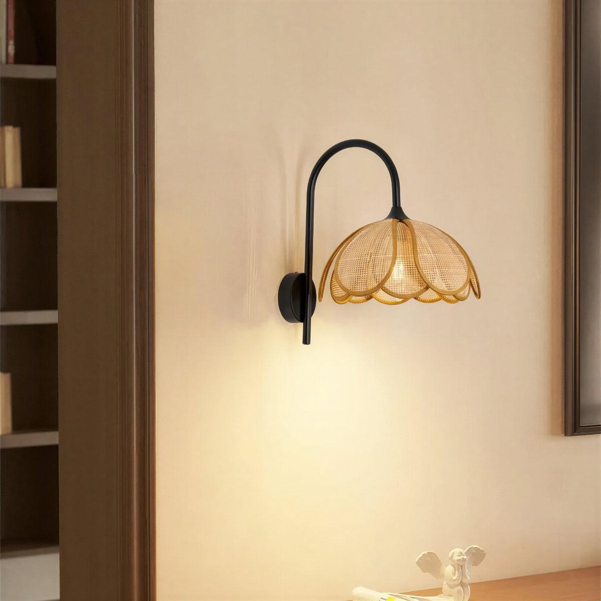 Bloom Rattan Wall Sconce Light With Curved Arm And Petal Shade