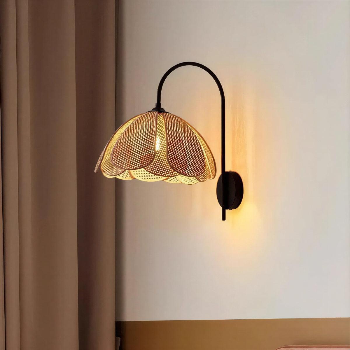 Bloom Rattan Wall Sconce Light With Curved Arm And Petal Shade