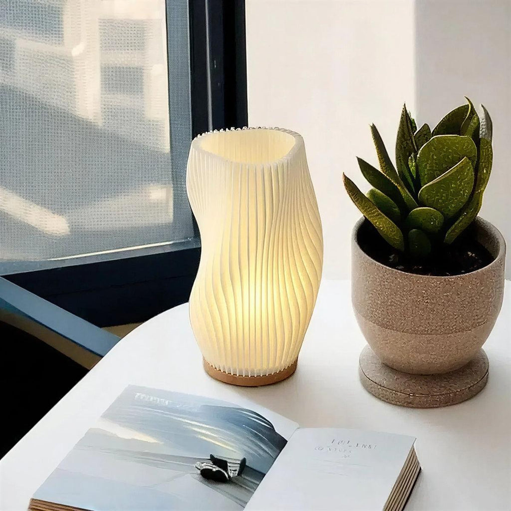 Contemporary Dimmable Table Lamp With Sculptural Pleated Wave Styled Shade