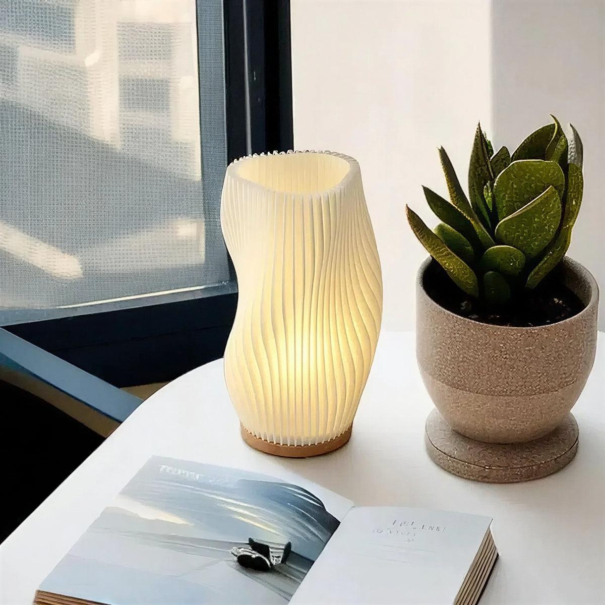 Contemporary Dimmable Table Lamp With Sculptural Pleated Wave Styled Shade
