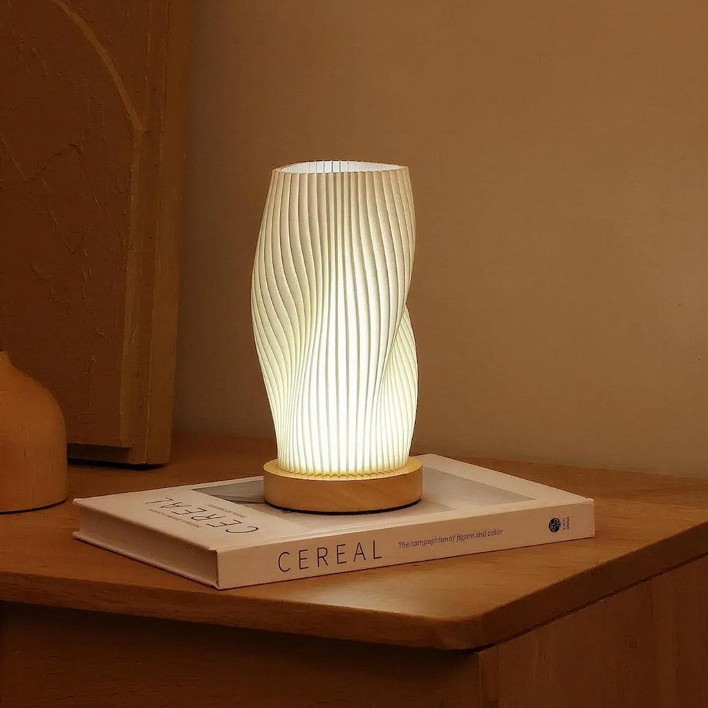 Contemporary Dimmable Table Lamp With Sculptural Pleated Wave Styled Shade