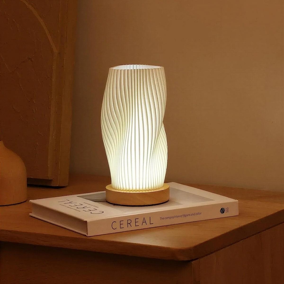 Contemporary Dimmable Table Lamp With Sculptural Pleated Wave Styled Shade