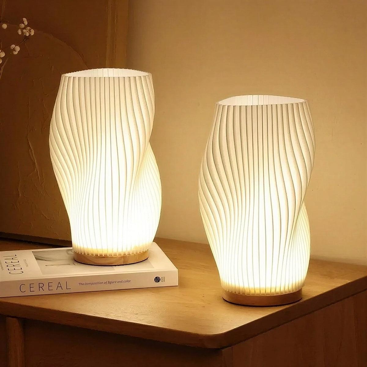 Contemporary Dimmable Table Lamp With Sculptural Pleated Wave Styled Shade