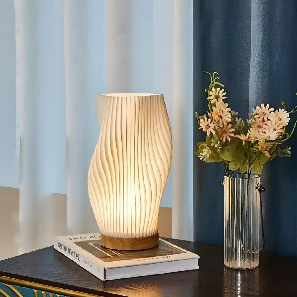 Contemporary Dimmable Table Lamp With Sculptural Pleated Wave Styled Shade