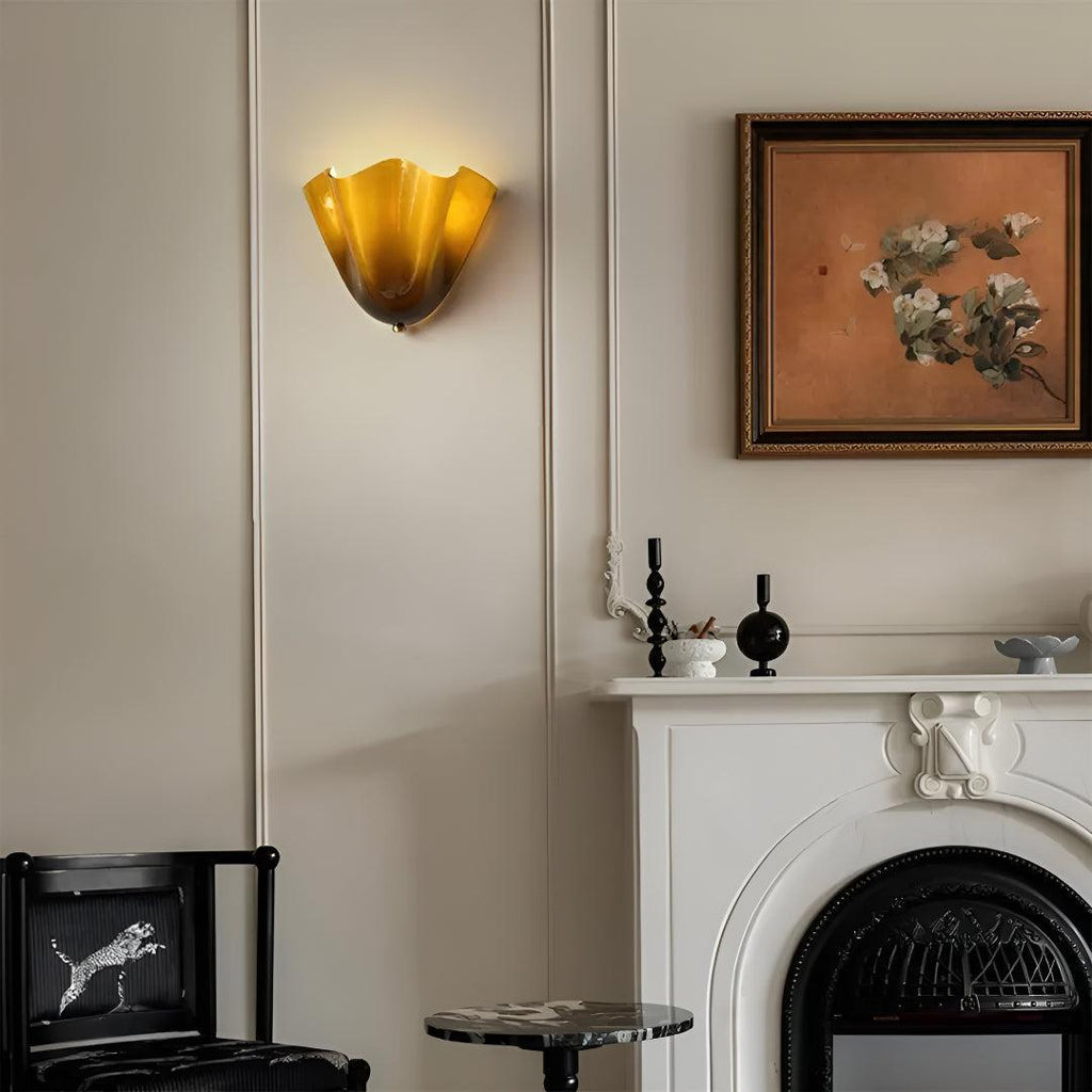 Decorative Curved Glass Wall Sconce Light With Sculpted Fluted Petal Shade