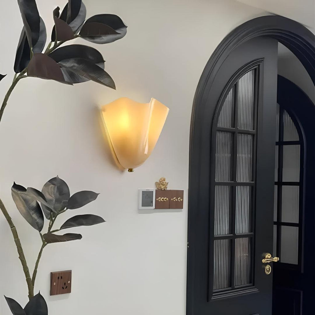 Decorative Curved Glass Wall Sconce Light With Sculpted Fluted Petal Shade