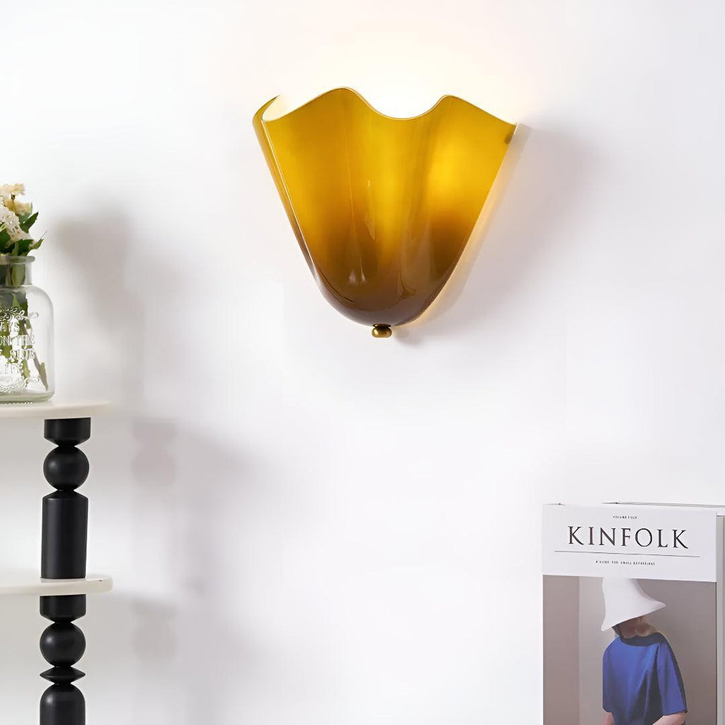 Decorative Curved Glass Wall Sconce Light With Sculpted Fluted Petal Shade