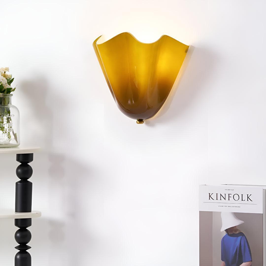 Decorative Curved Glass Wall Sconce Light With Sculpted Fluted Petal Shade