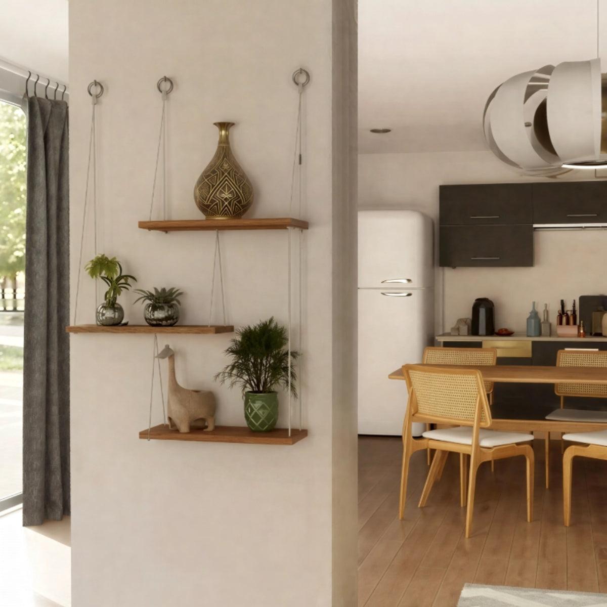 Floating Hanging Wall Mounted Shelves With Natural Wood Design