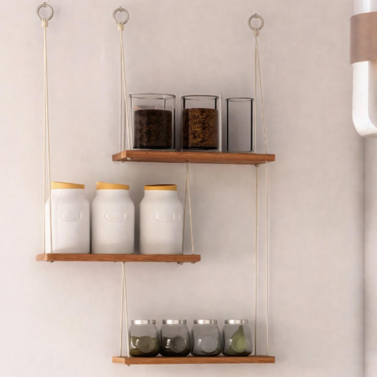 Floating Hanging Wall Mounted Shelves With Natural Wood Design