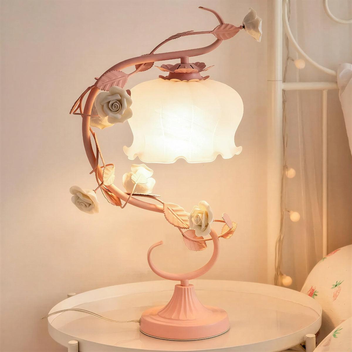 Floral Rose Flower Table Lamp With Glass Shade For Bedroom