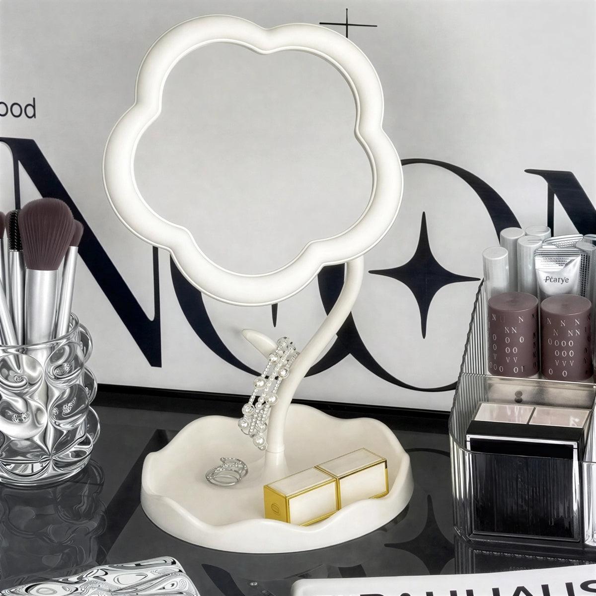 Flower Shaped Tabletop Vanity Mirror With Jewelry Storage Tray
