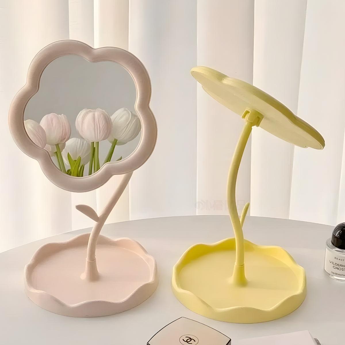 Flower Shaped Tabletop Vanity Mirror With Jewelry Storage Tray