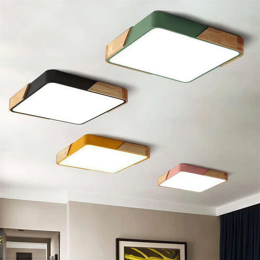 Flush Mount Square LED Ceiling Light With Wooden Accent