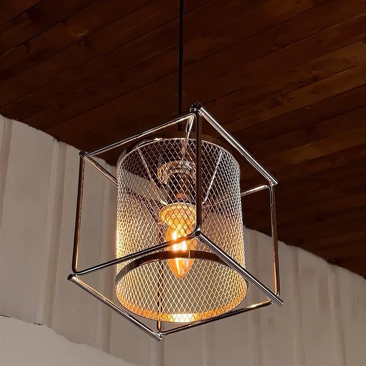 Hanging Pendant Light Fixture With Industrial Caged Mesh Design