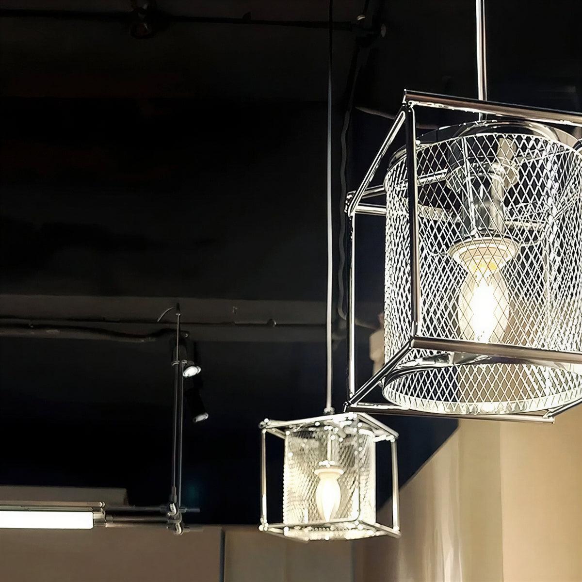Hanging Pendant Light Fixture With Industrial Caged Mesh Design