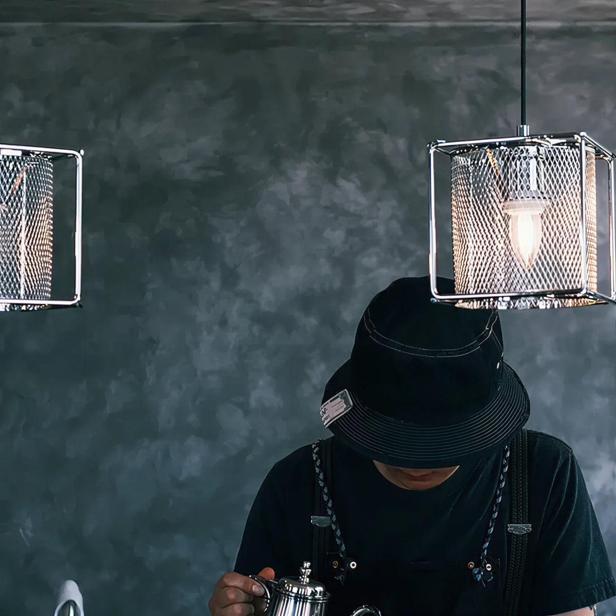 Hanging Pendant Light Fixture With Industrial Caged Mesh Design