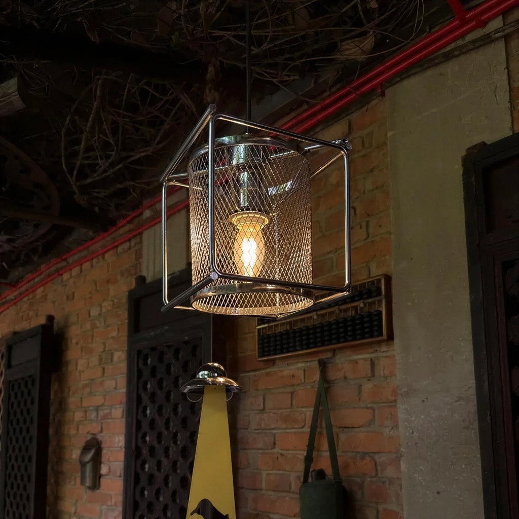 Hanging Pendant Light Fixture With Industrial Caged Mesh Design