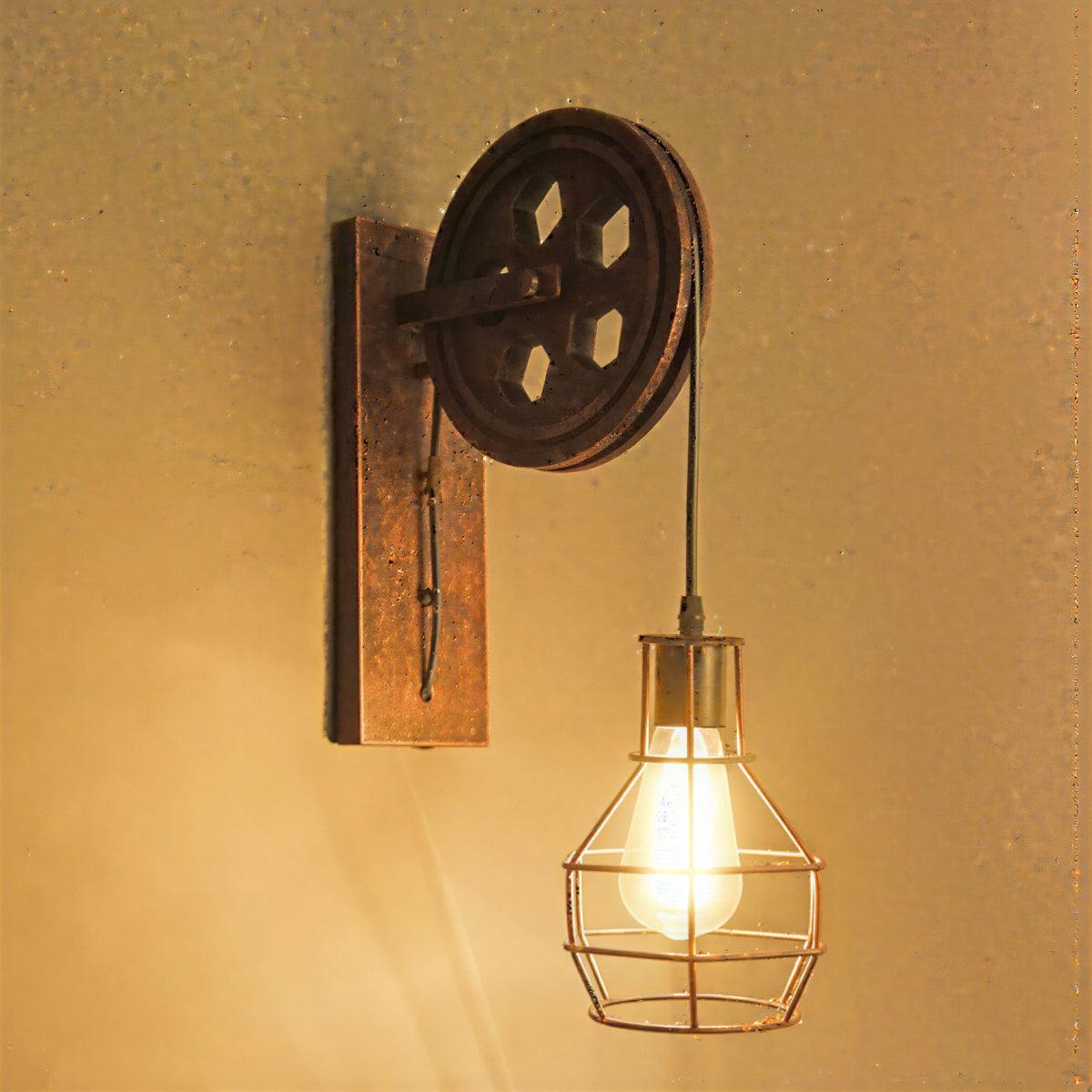 Industrial Retro Wall Light Sconce With Decorative Vintage Pulley Wheel