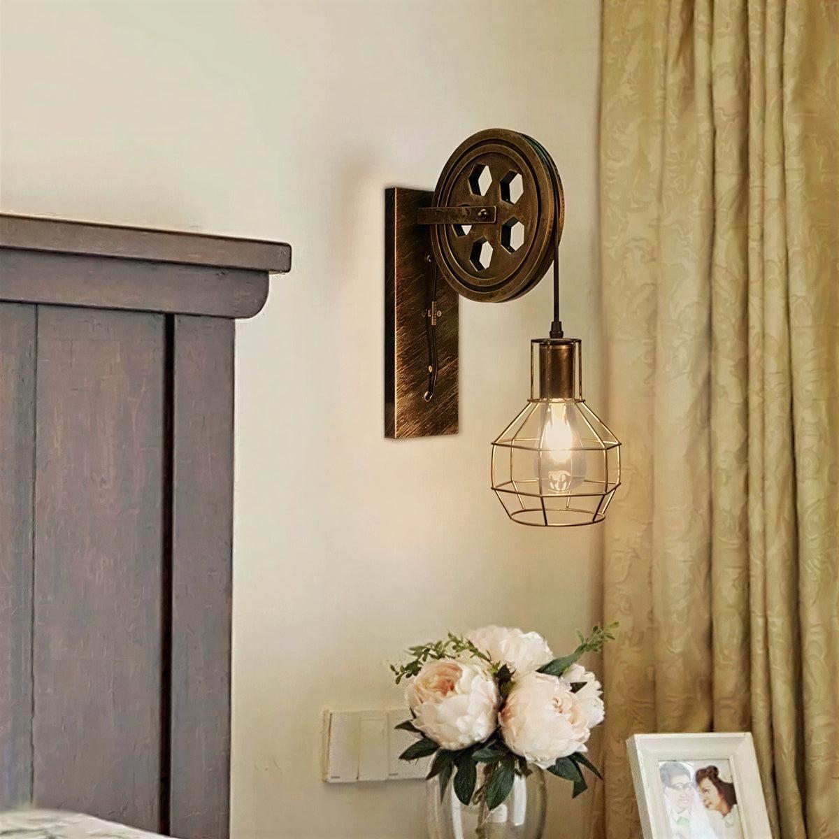 Industrial Retro Wall Light Sconce With Decorative Vintage Pulley Wheel