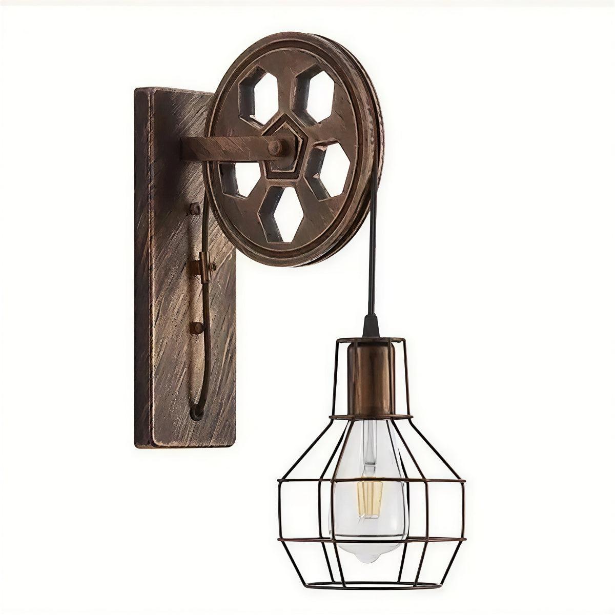 Industrial Retro Wall Light Sconce With Decorative Vintage Pulley Wheel