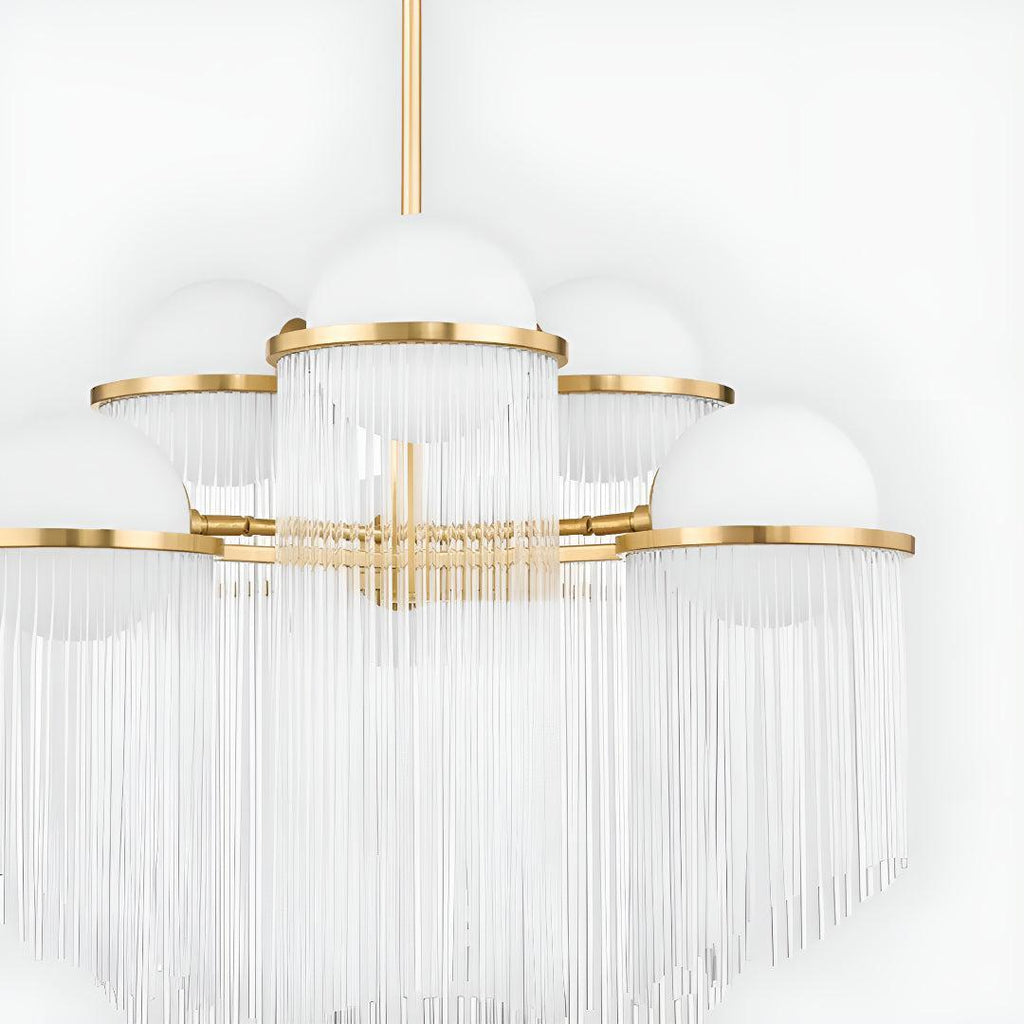 Large Modern Chandelier With Glass Globes And Symmetrical Cascading Rods