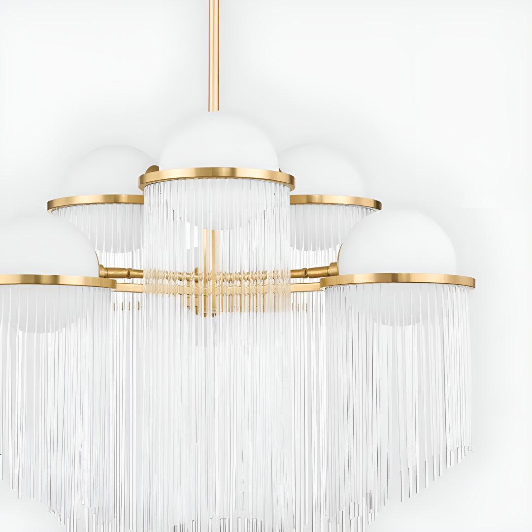 Large Modern Chandelier With Glass Globes And Symmetrical Cascading Rods