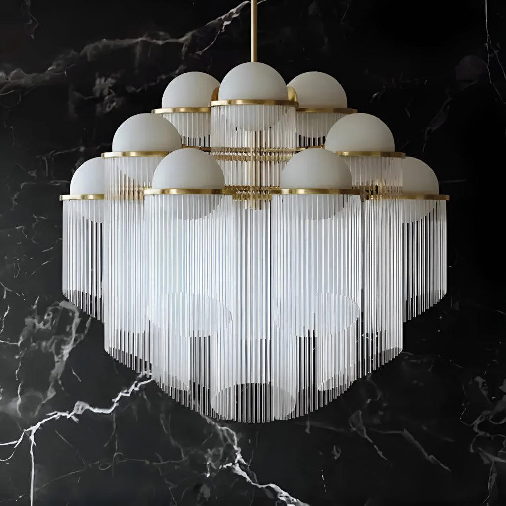 Large Modern Chandelier With Glass Globes And Symmetrical Cascading Rods