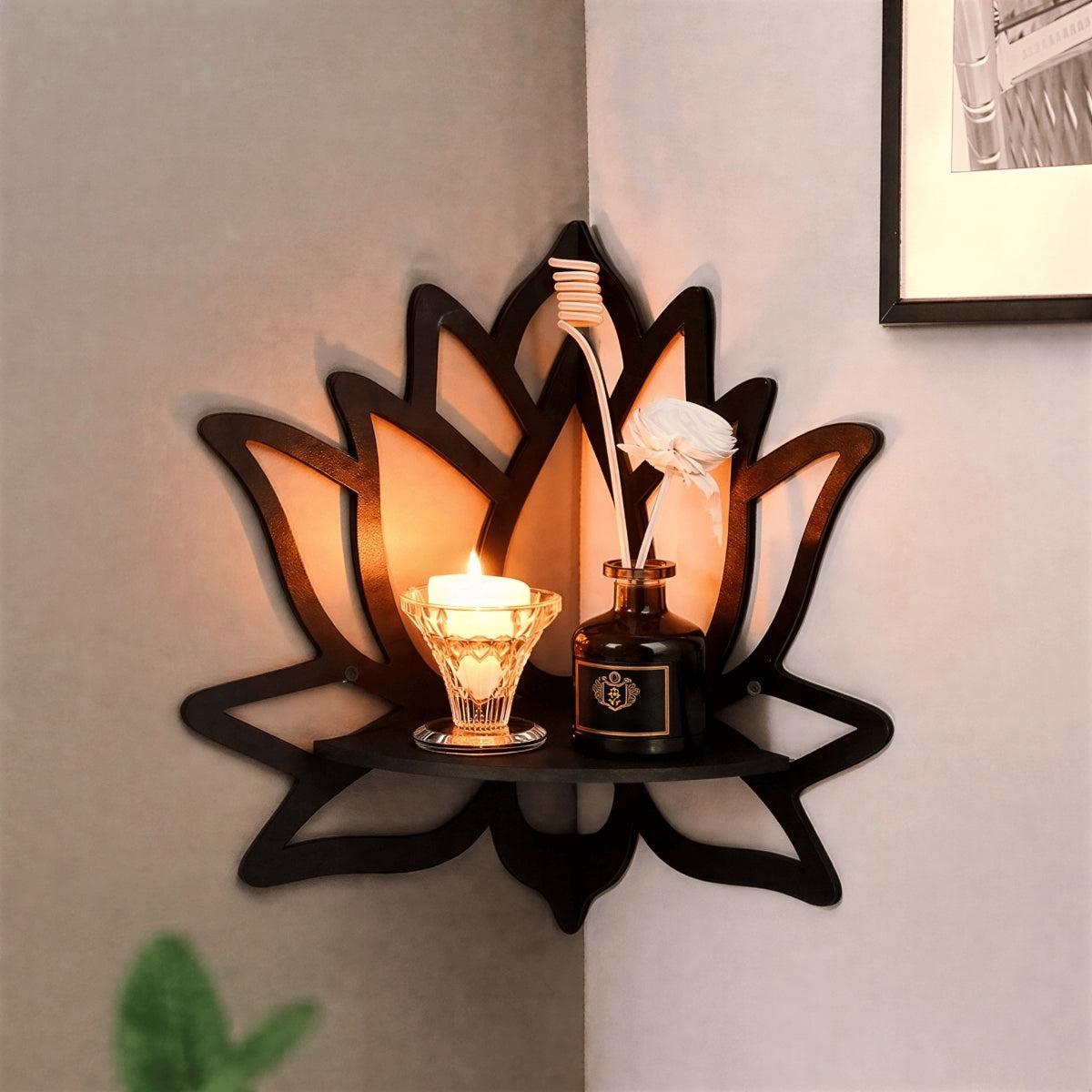 Lotus Flower Styled Wall Mounted Floating Corner Shelf With Crystal Holder