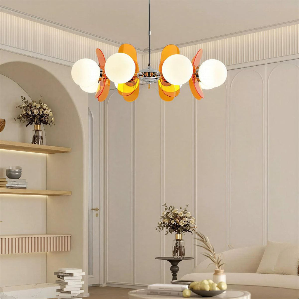 Mid Century Sputnik Chandelier With Round Glass Globes And Curved Shades