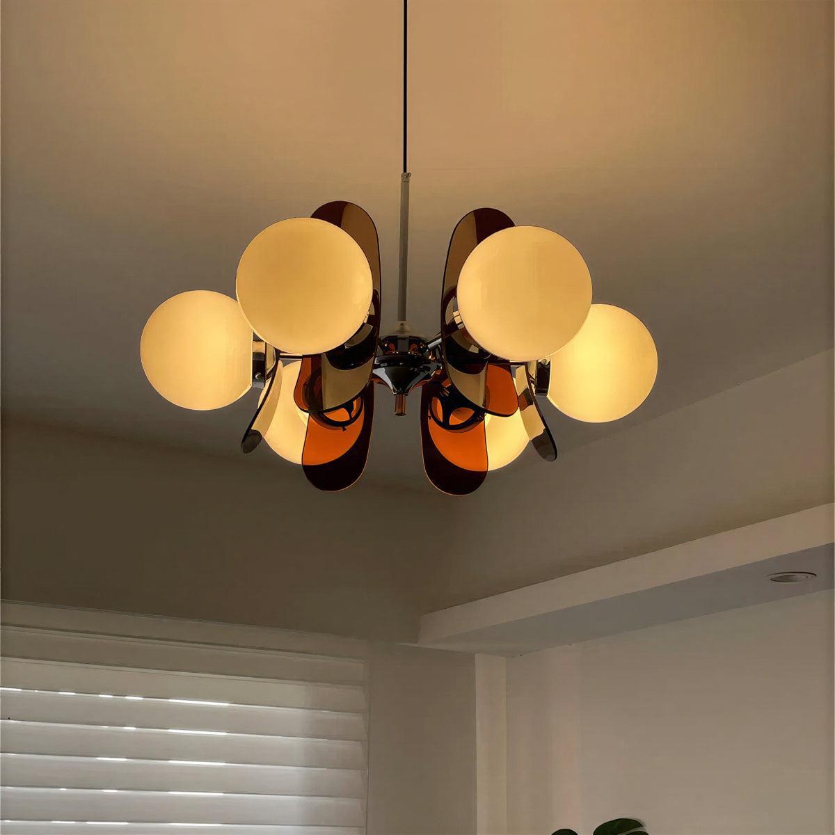 Mid Century Sputnik Chandelier With Round Glass Globes And Curved Shades