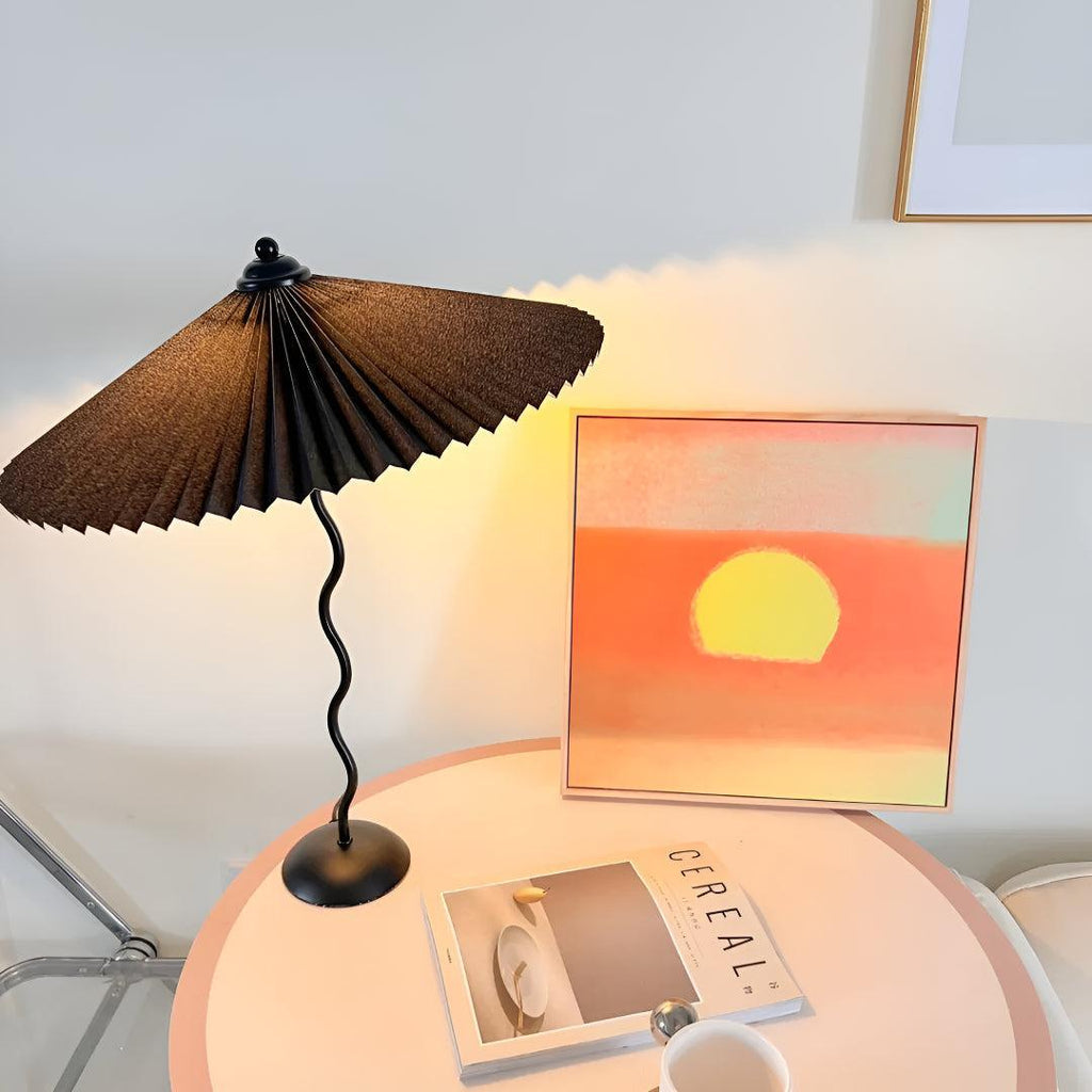 Mid Century Table Lamp With Pleated Lampshade And Squiggly Wavy Stem