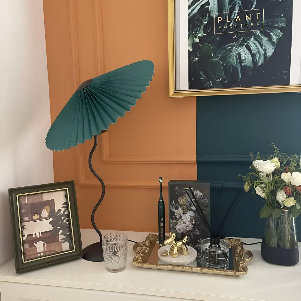 Mid Century Table Lamp With Pleated Lampshade And Squiggly Wavy Stem