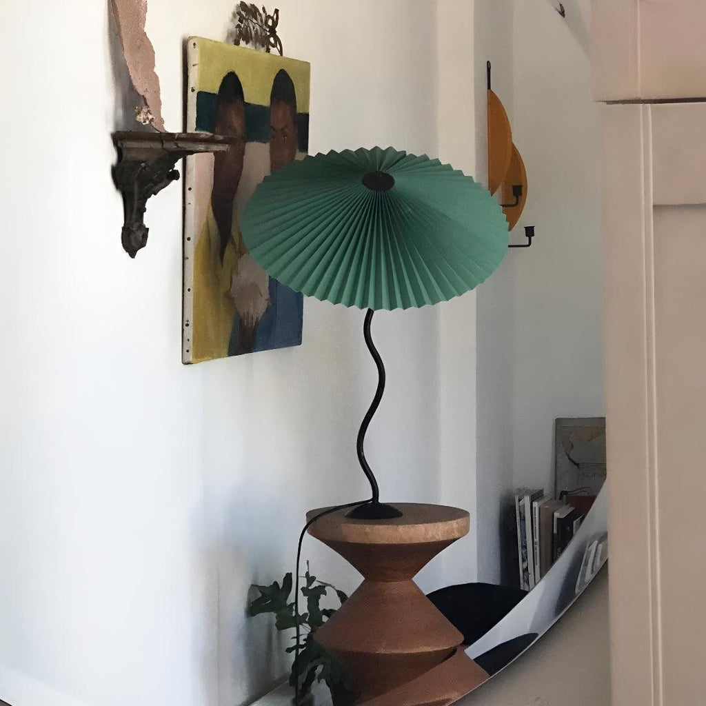 Mid Century Table Lamp With Pleated Lampshade And Squiggly Wavy Stem