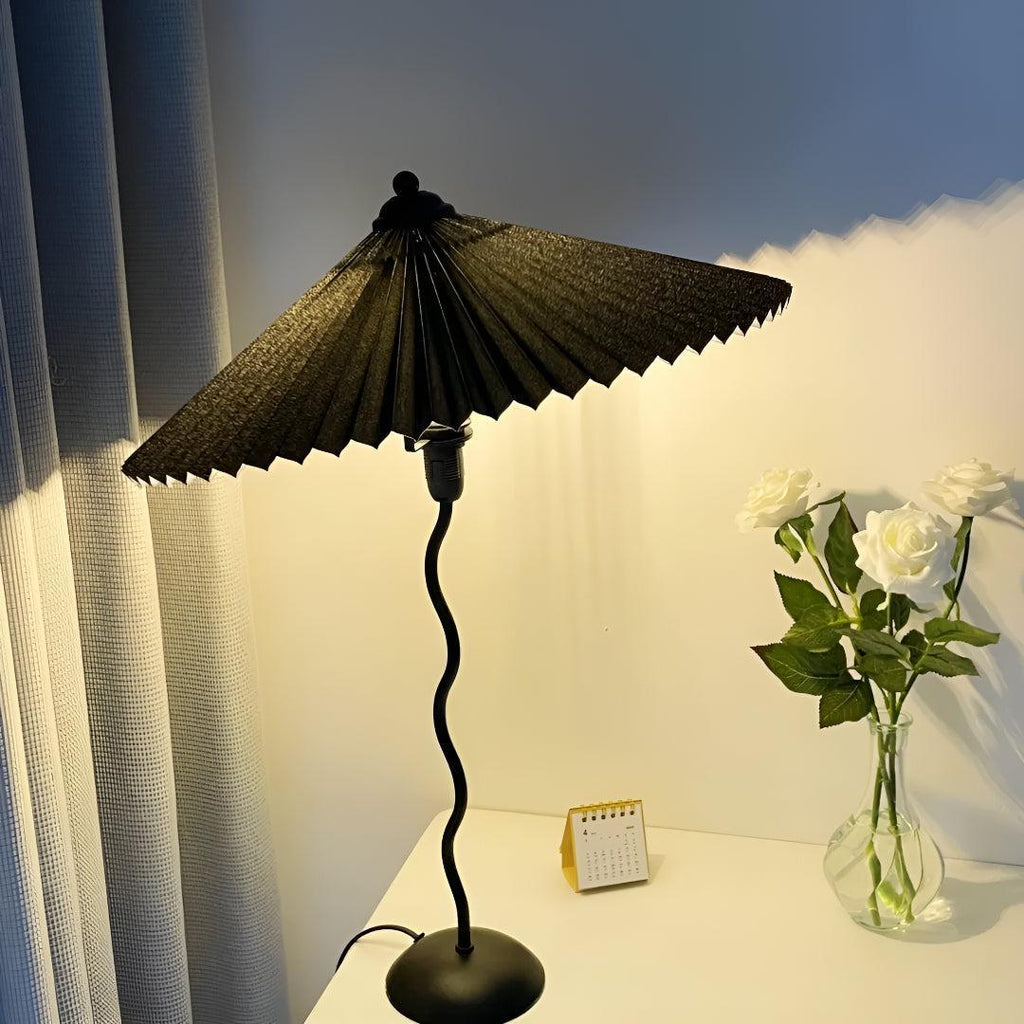Mid Century Table Lamp With Pleated Lampshade And Squiggly Wavy Stem
