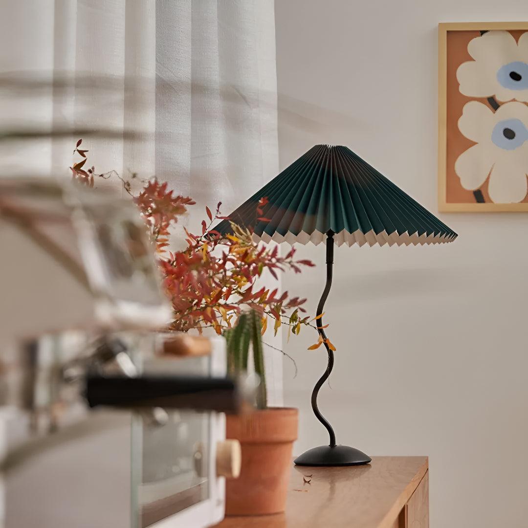 Mid Century Table Lamp With Pleated Lampshade And Squiggly Wavy Stem