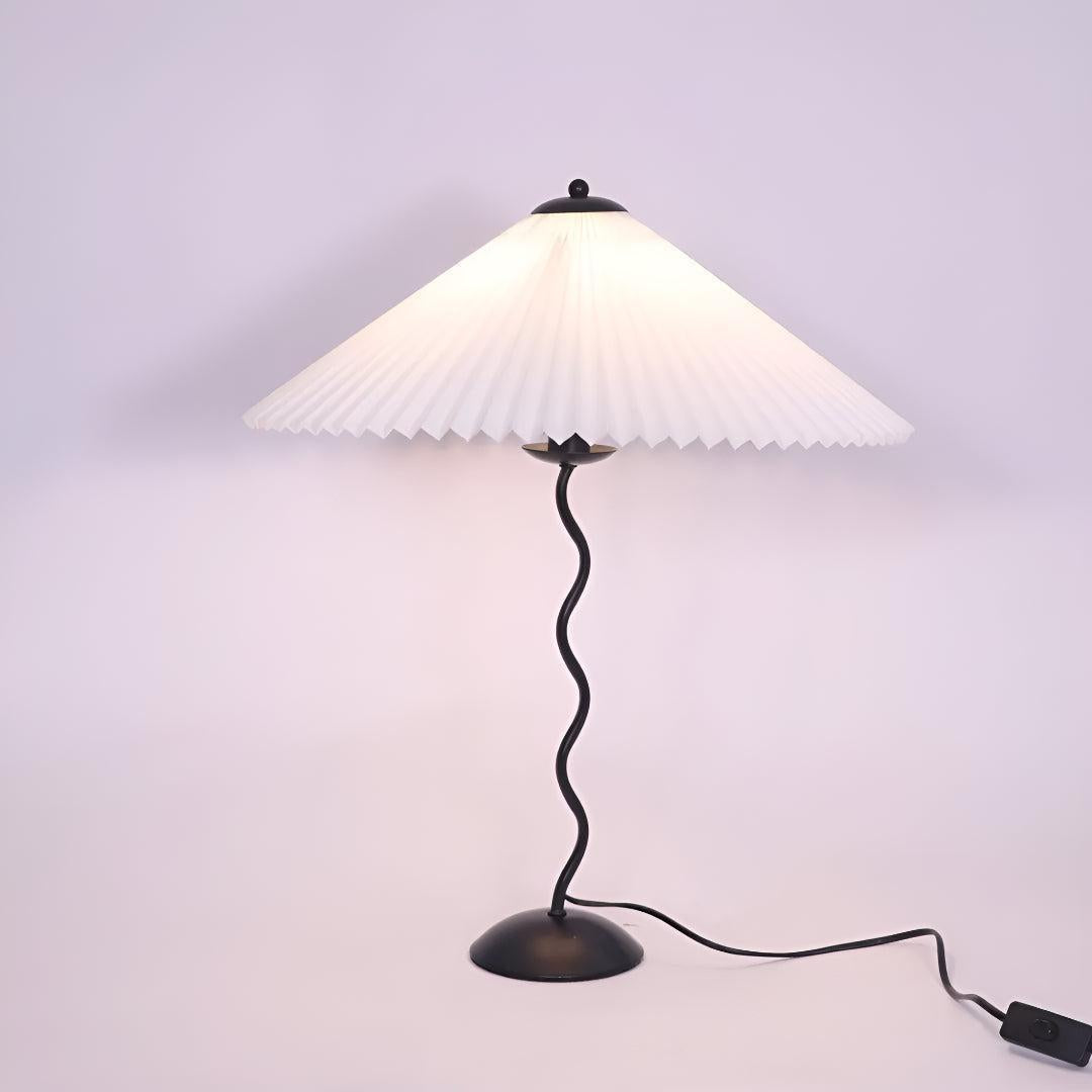 Mid Century Table Lamp With Pleated Lampshade And Squiggly Wavy Stem