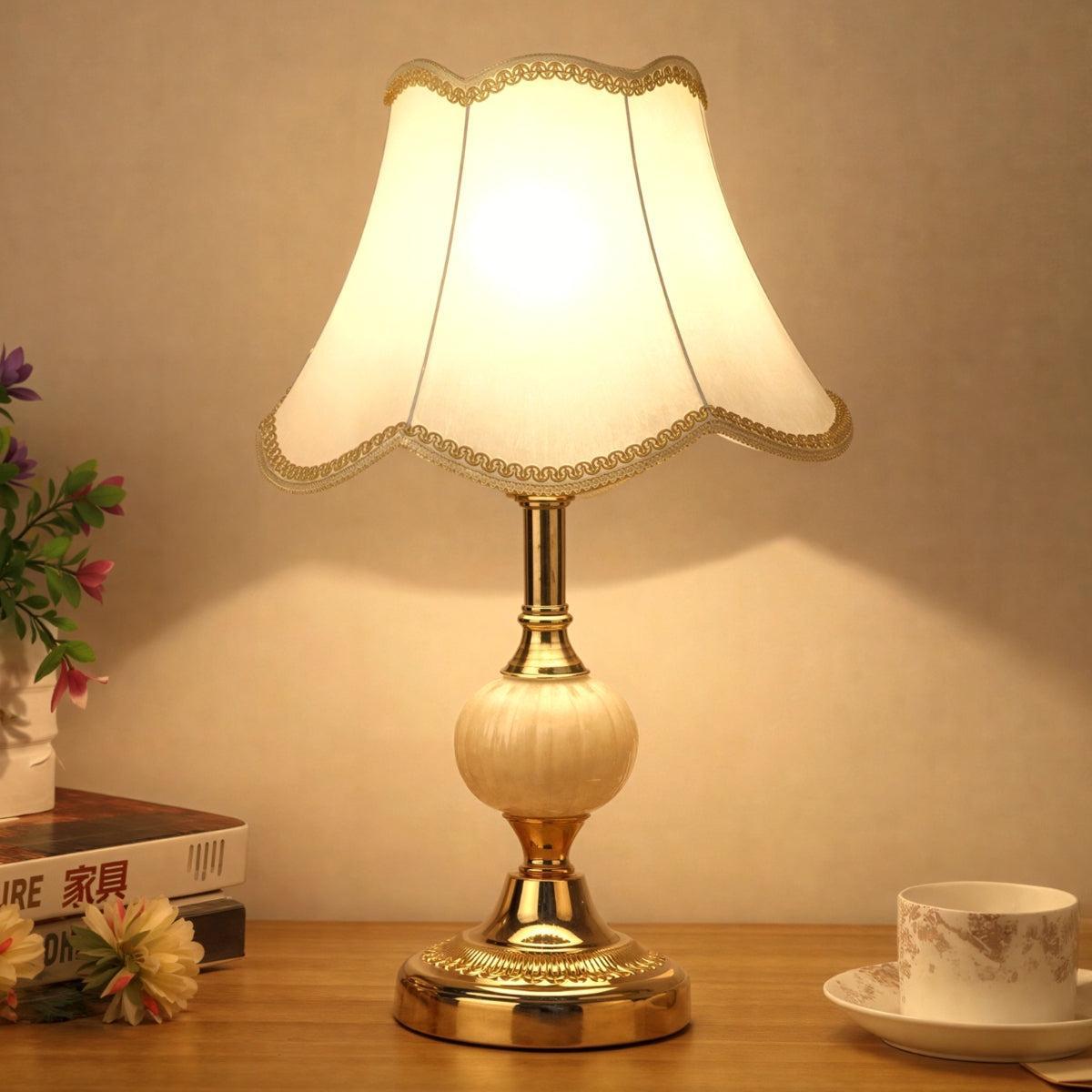 Mid Century Table Lamp With Scalloped Shade And Ornate Round Base