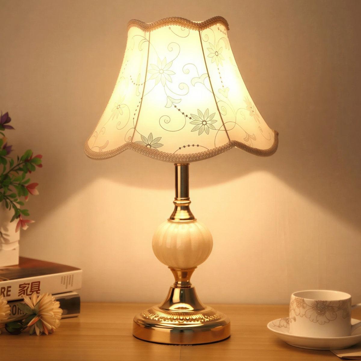 Mid Century Table Lamp With Scalloped Shade And Ornate Round Base