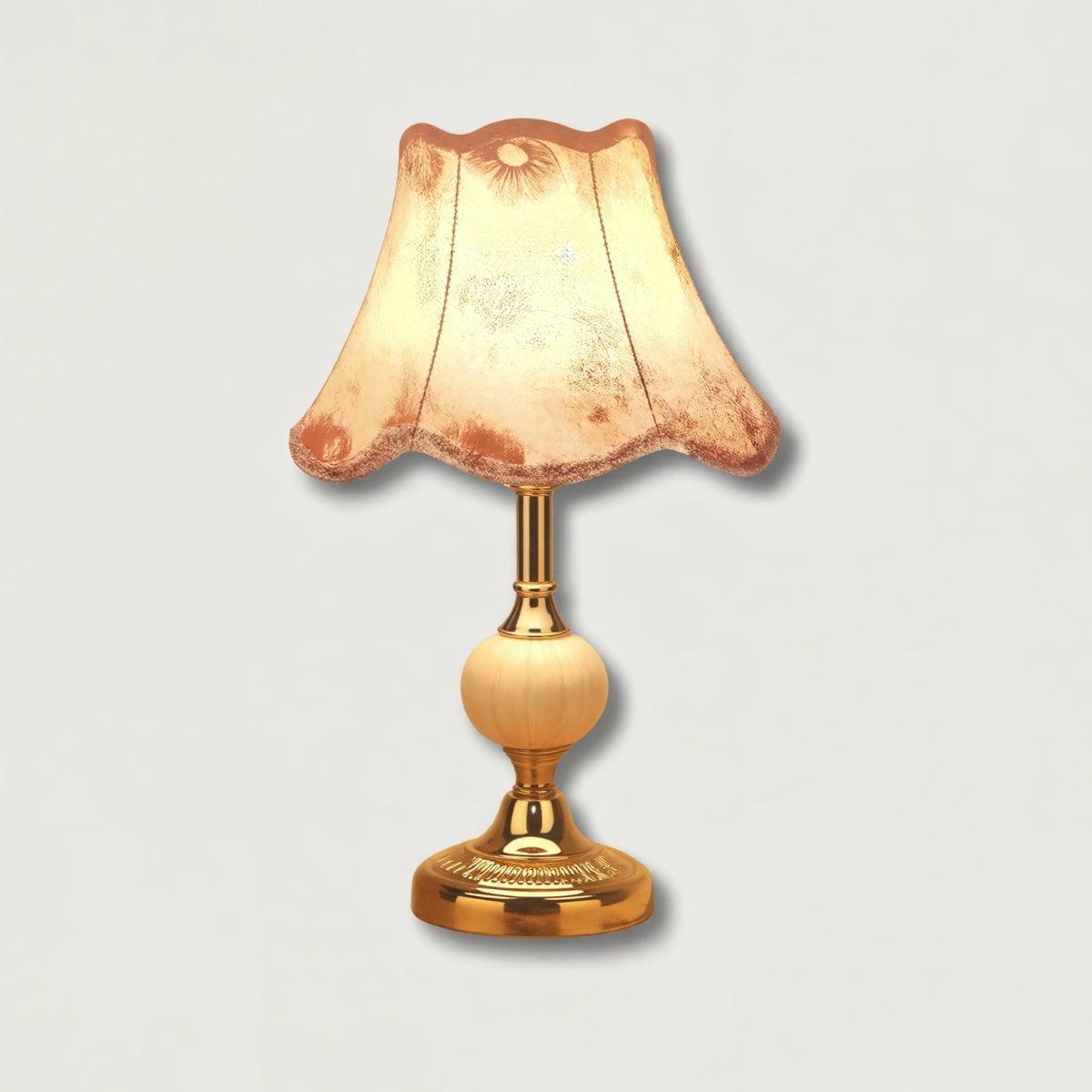 Mid Century Table Lamp With Scalloped Shade And Ornate Round Base