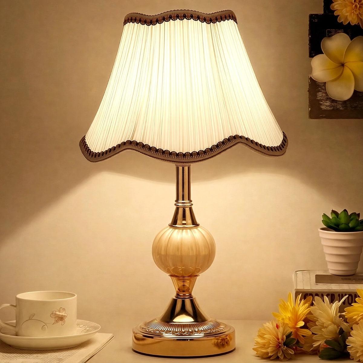 Mid Century Table Lamp With Scalloped Shade And Ornate Round Base