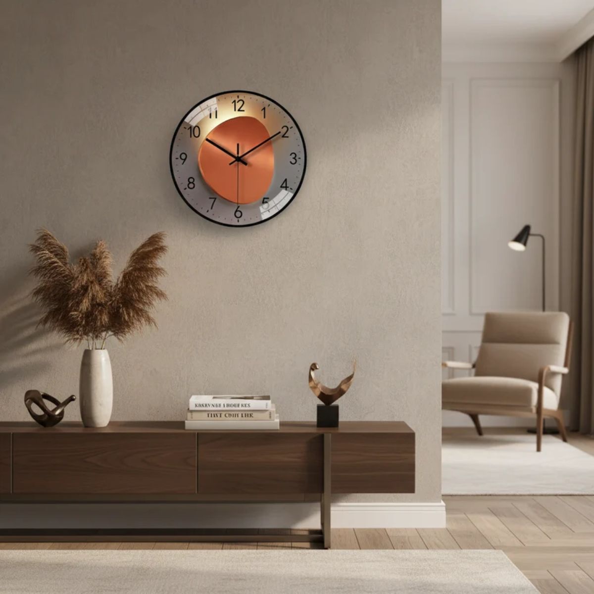 Mid Century Wall Clock With Silent Movement And Luminous Glass Face