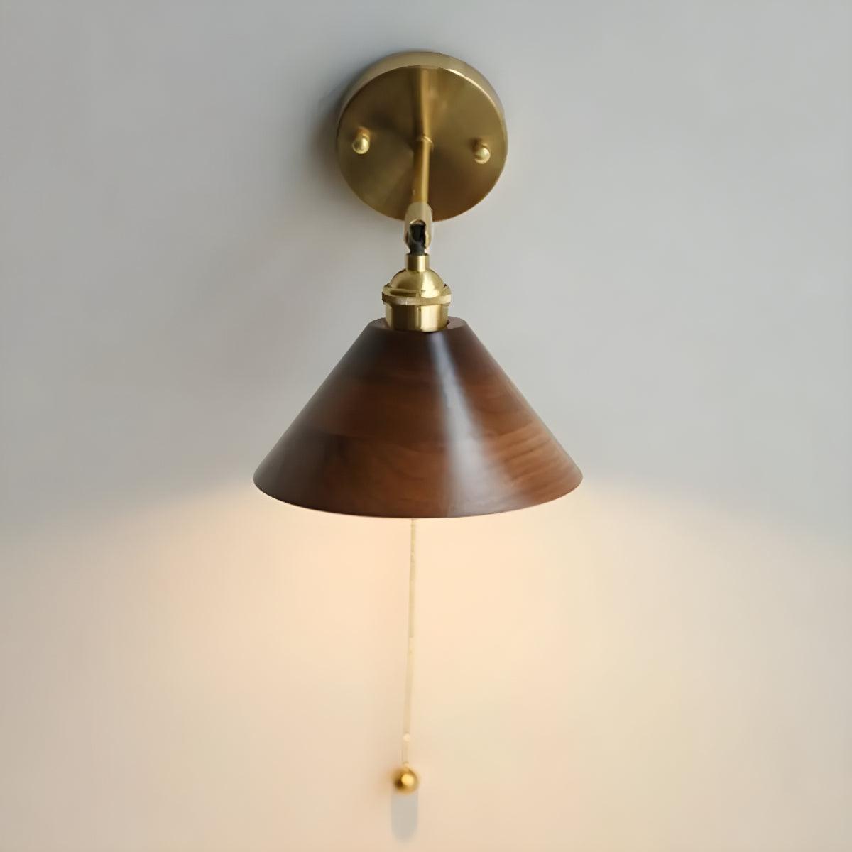 Mid Century Wooden Shade Wall Sconce Light Fixture With Pull Chain