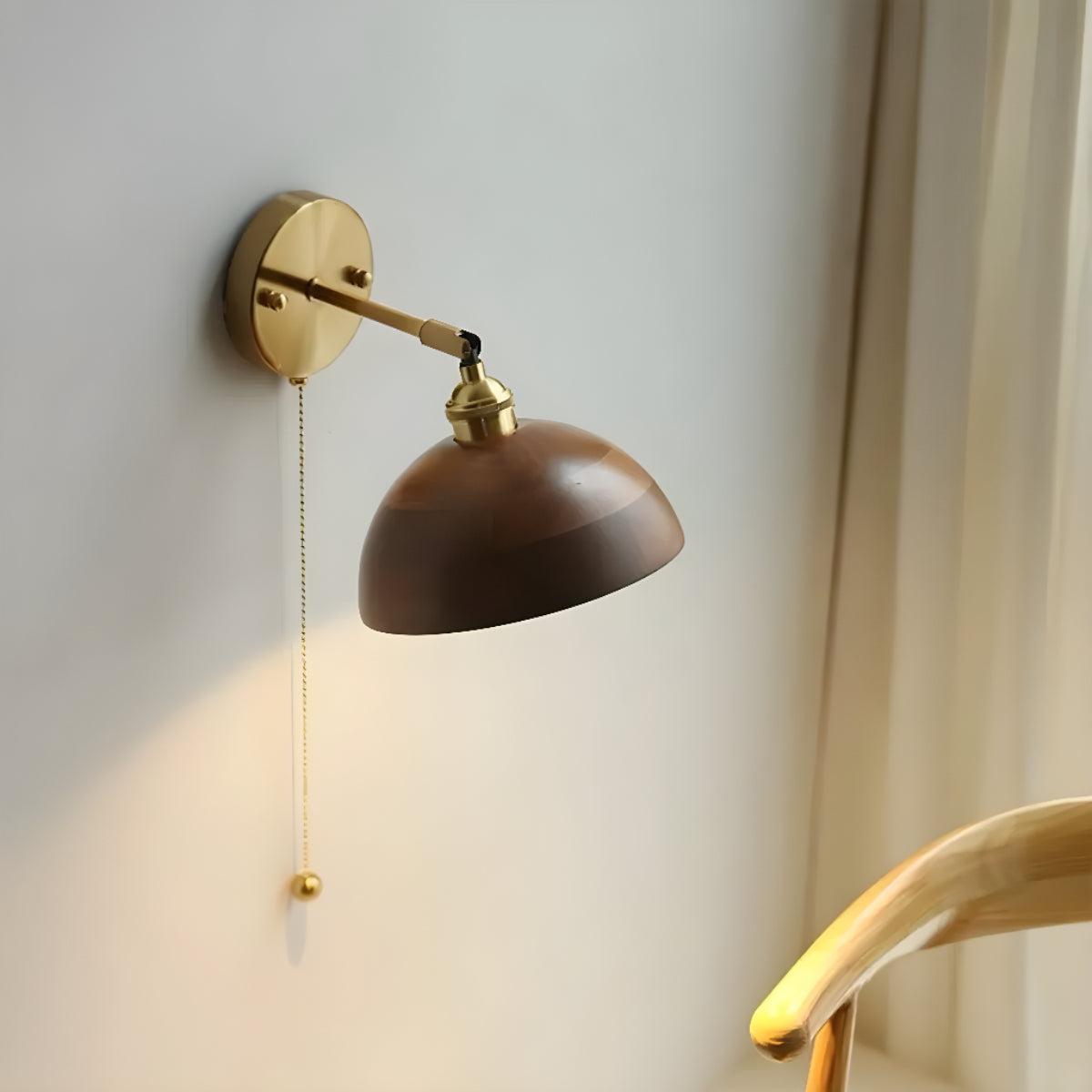 Mid Century Wooden Shade Wall Sconce Light Fixture With Pull Chain