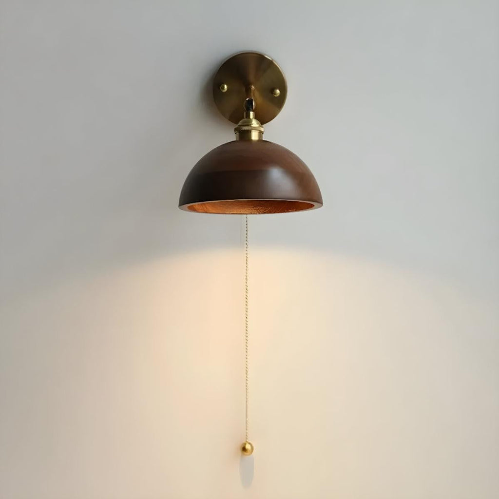 Mid Century Wooden Shade Wall Sconce Light Fixture With Pull Chain