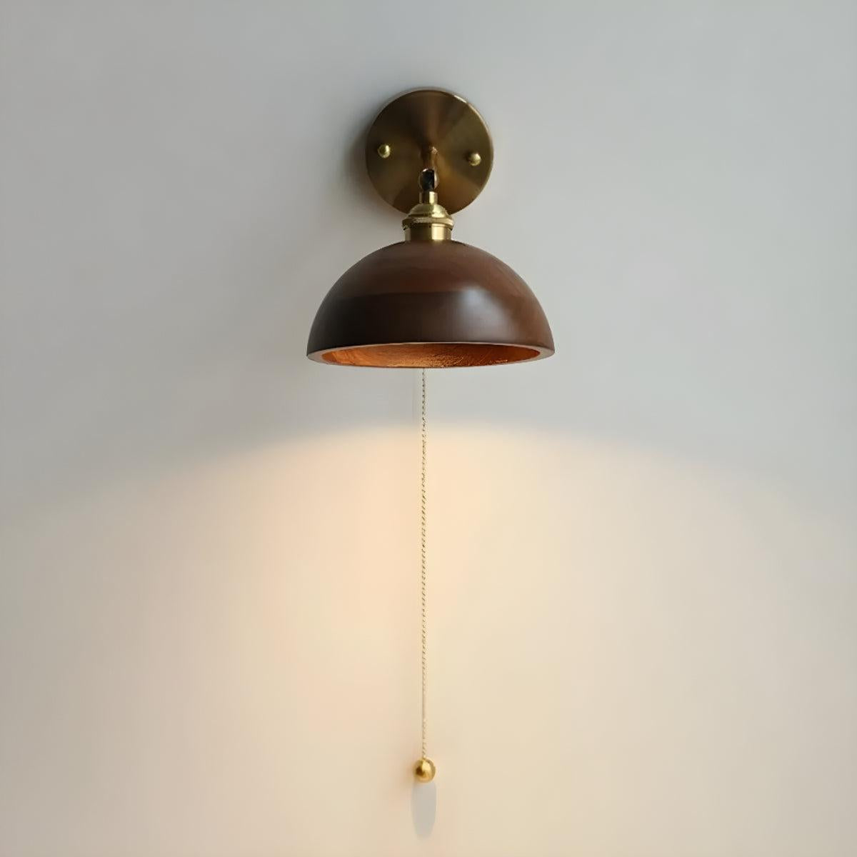 Mid Century Wooden Shade Wall Sconce Light Fixture With Pull Chain